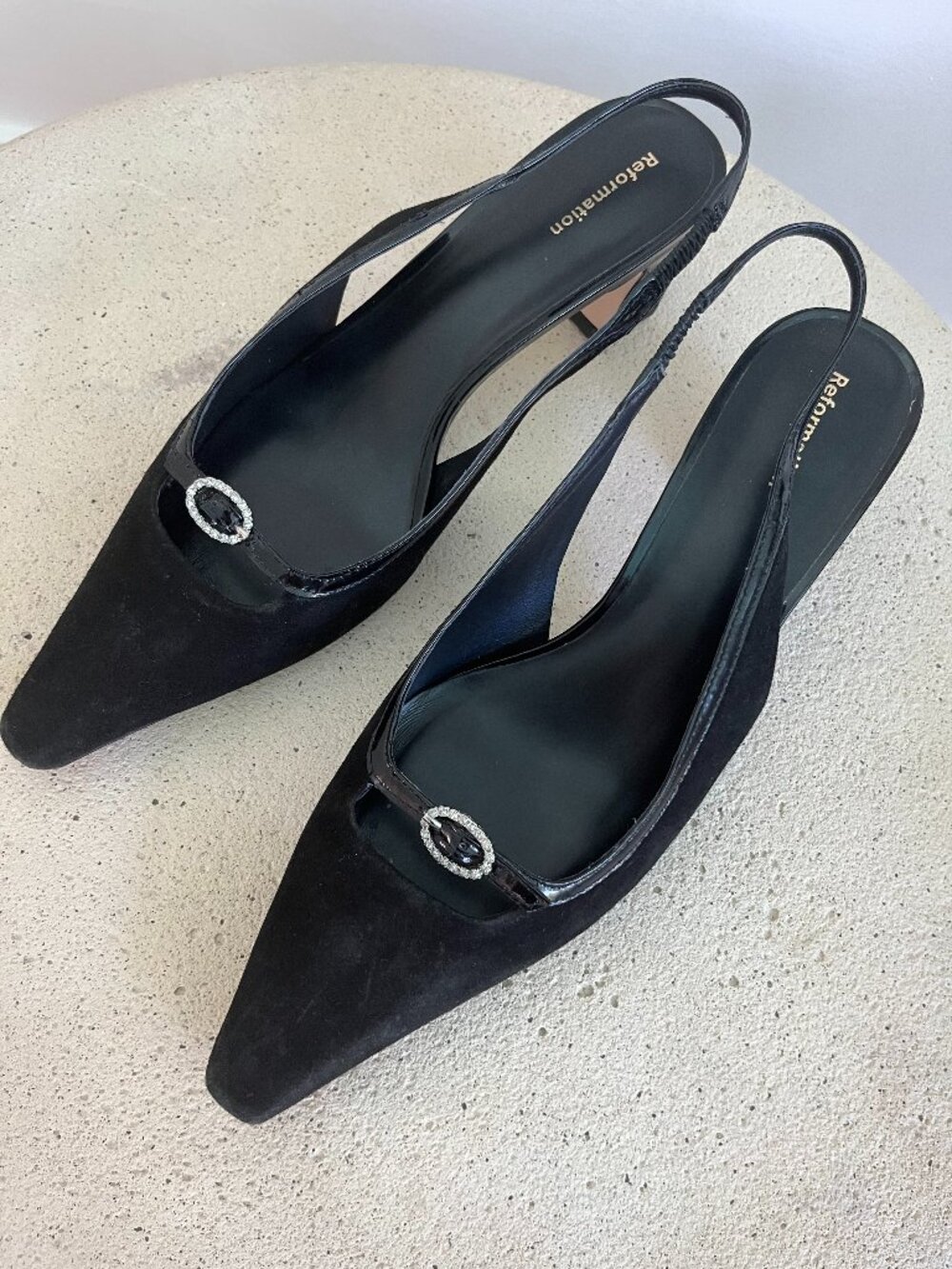 Reformation Black suede sling back block heel shoe